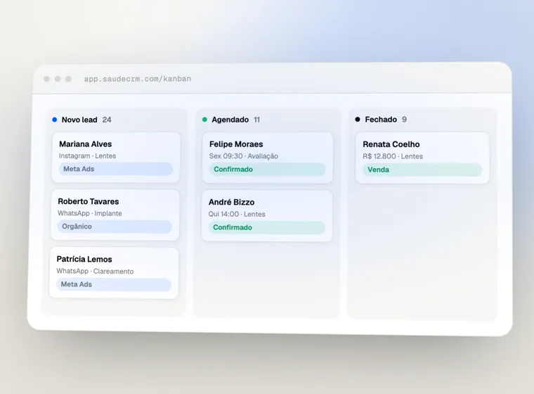Kanban do SaudeCRM com leads por etapa