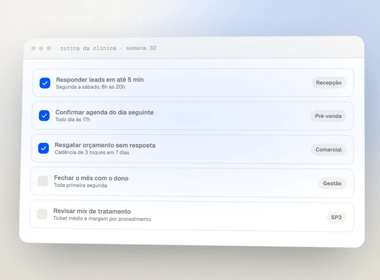 Rotina da clínica com responsáveis e prazos
